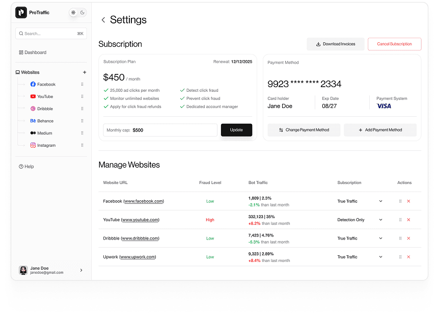 UI design of ProTraffic settings dashboard