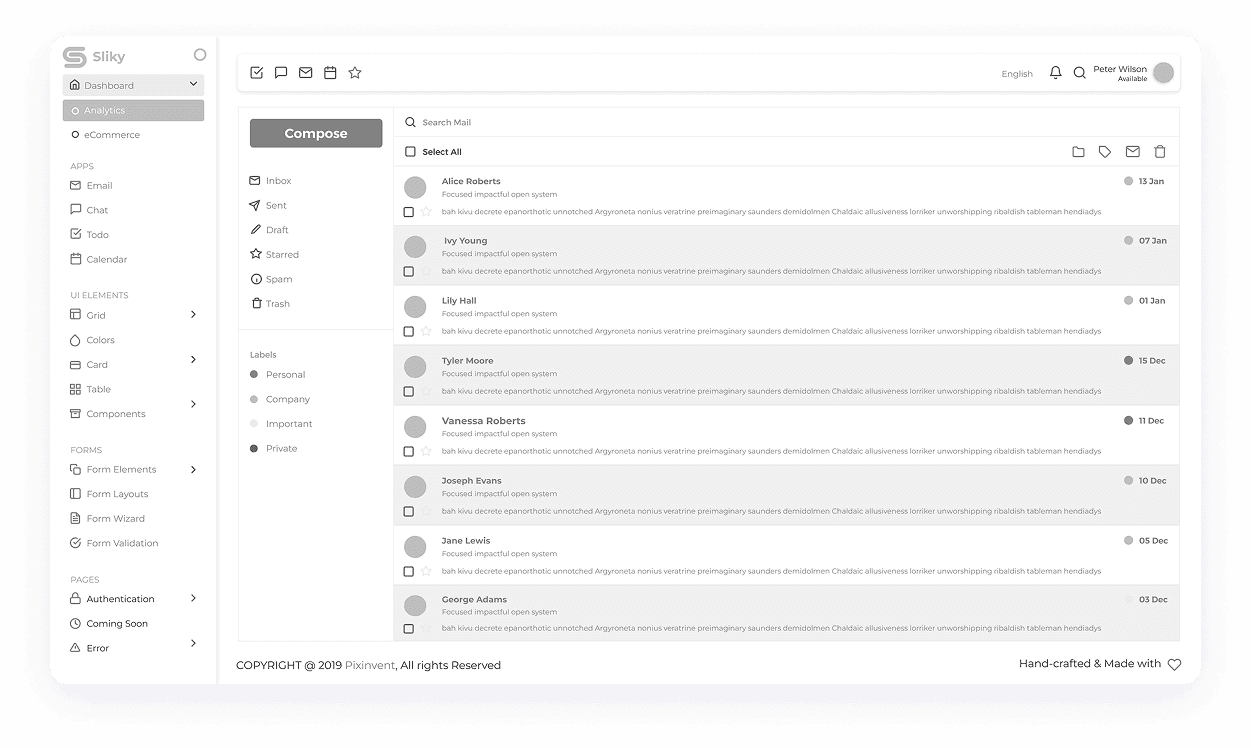 Wireframe mockup of a Sliky CRM inbox dashboard screen