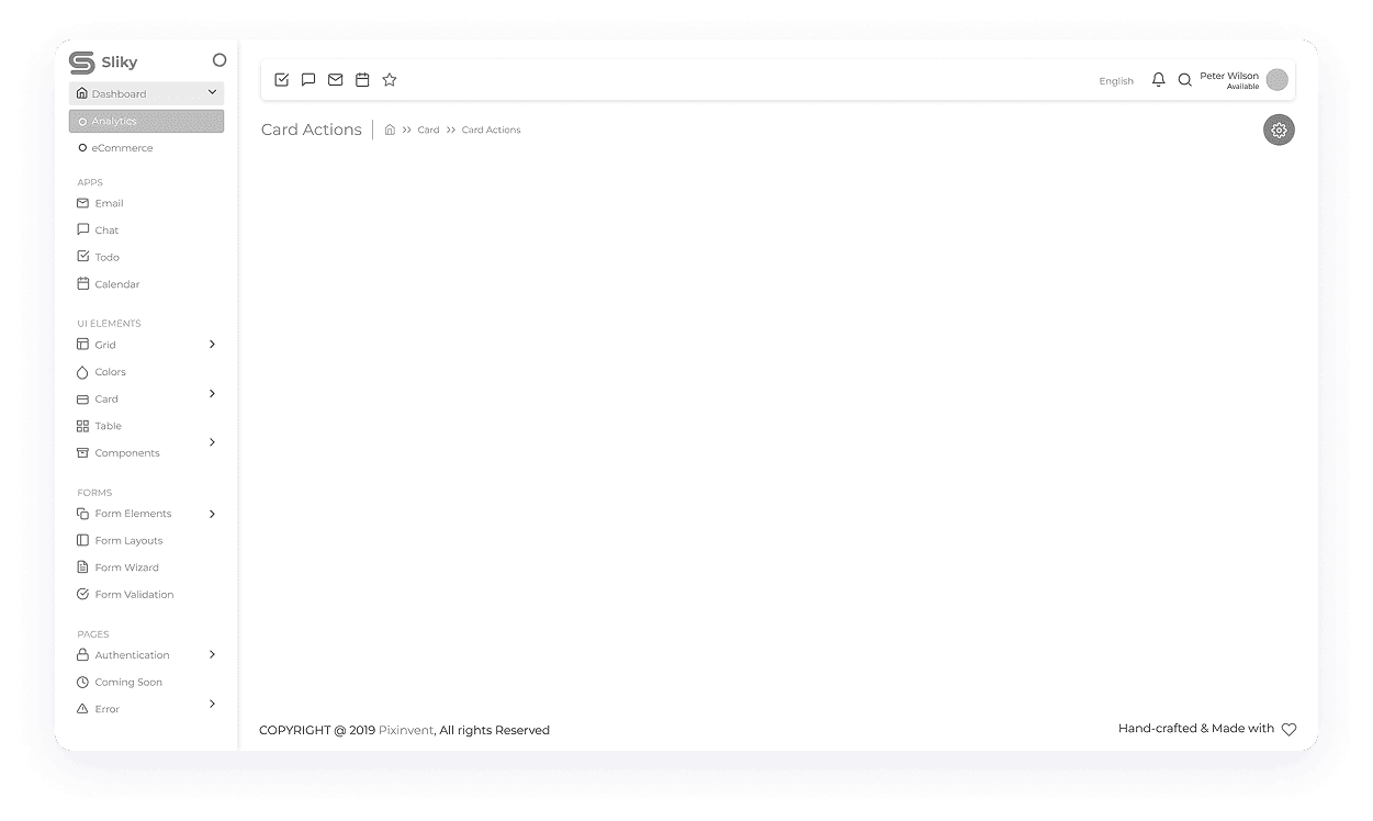 Wireframe mockup of a Sliky CRM dashboard screen featuring card-based actions