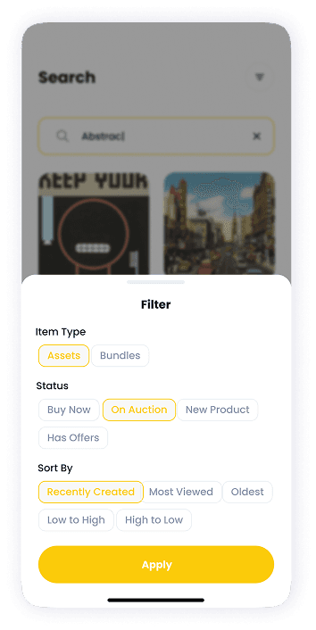NFT Store search filters screen UI design