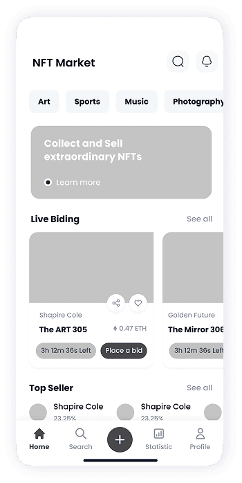 NFT Store home screen layout