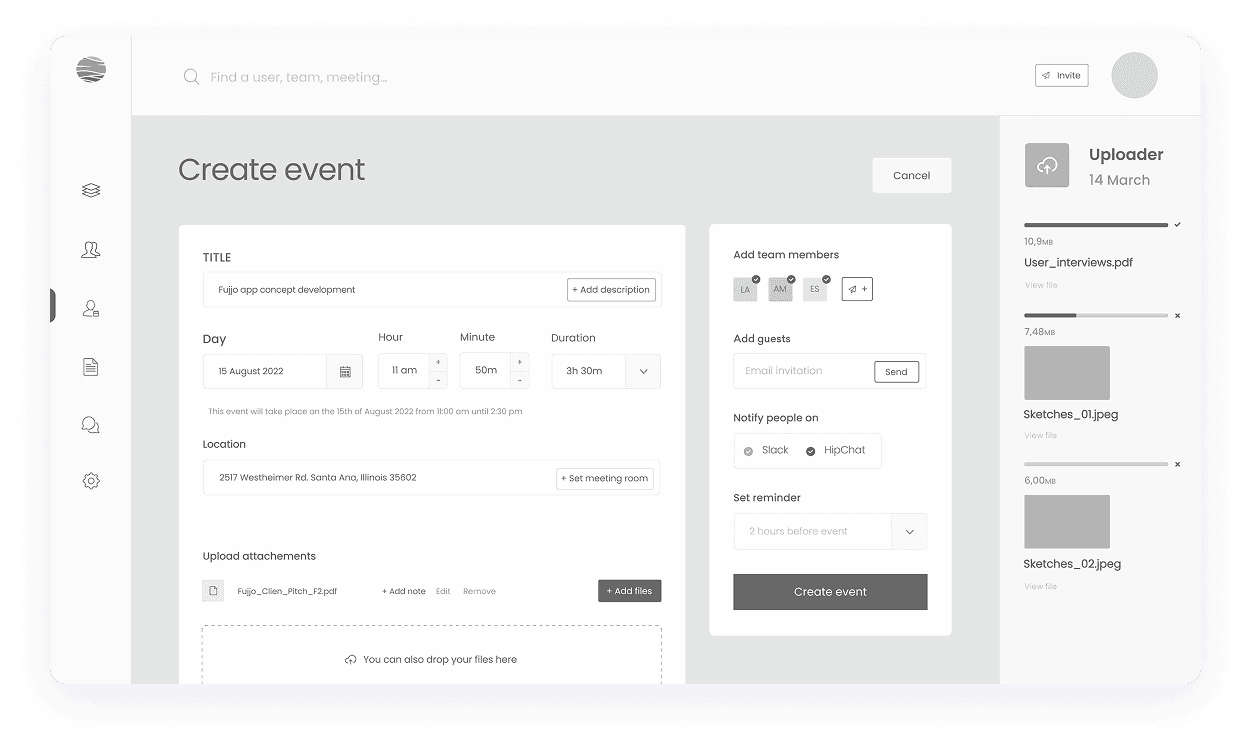 Bounce create event dashboard wireframe