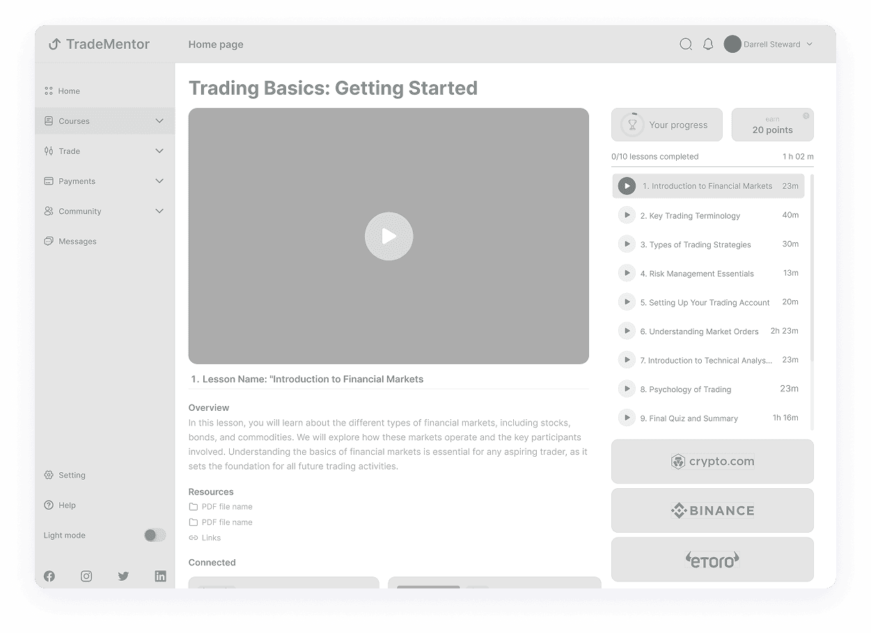 Wireframe of the TradeMentor course detail page