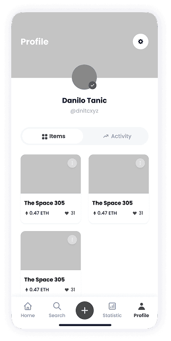 NFT Store personal profile screen wireframe