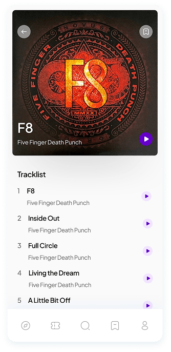 UI design of Muzz app album tracklist screen