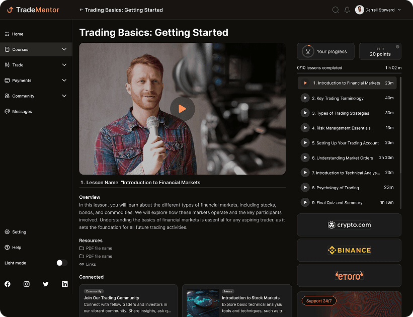 UI design of the TradeMentor educational video screen